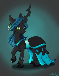 Size: 2550x3300 | Tagged: safe, artist:aurorafang, derpibooru import, queen chrysalis, changeling, changeling queen, canterlot wedding 10th anniversary, beautiful, clothes, dress, female, hoof shoes, simple background, solo, wedding dress