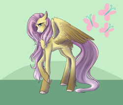 Size: 1042x892 | Tagged: safe, artist:arforzan, derpibooru import, fluttershy, pegasus, pony, chest fluff, cutie mark background, female, mare, redesign, signature, solo