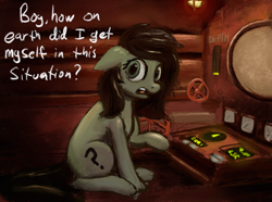 Size: 2541x1895 | Tagged: safe, artist:phutashi, ponerpics import, oc, oc only, oc:anon-mare, earth pony, pony, control panel, ears, female, filly, floppy ears, foal, iron lung (game), mare, solo, talking to viewer