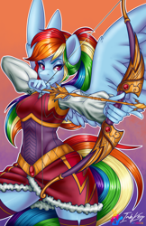 Size: 660x1020 | Tagged: safe, artist:bumblebun, artist:inkkeystudios, derpibooru import, part of a set, rainbow dash, anthro, pegasus, alternate hairstyle, archer, archer dash, archery, arrow, bow (weapon), bow and arrow, clothes, fantasy class, female, gradient background, mare, multicolored hair, ponytail, rainbow dash always dresses in style, smiling, solo, watermark, weapon, white outline