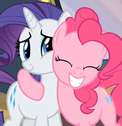 Size: 577x596 | Tagged: safe, derpibooru import, screencap, pinkie pie, rarity, earth pony, pony, unicorn, hearth's warming eve (episode), season 2, cropped, cute, diapinkes, duo, eyes closed, female, hug, mare, raribetes, smiling