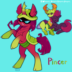 Size: 2048x2048 | Tagged: safe, artist:3ggmilky, derpibooru import, tempest shadow, thorax, oc, changedling, changeling, changepony, hybrid, pony, unicorn, blue background, cloven hooves, female, interspecies offspring, king thorax, male, offspring, parent:tempest shadow, parent:thorax, parents:temprax, shipping, simple background, straight, temprax