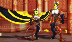 Size: 2972x1750 | Tagged: safe, artist:undeadkitty13, derpibooru import, oc, oc:geneva, anthro, griffon, egyptian, golem