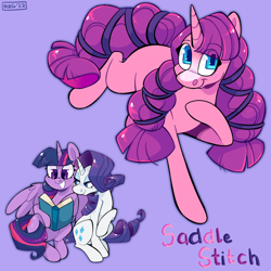 Size: 2048x2048 | Tagged: safe, artist:3ggmilky, derpibooru import, rarity, twilight sparkle, twilight sparkle (alicorn), oc, oc:saddle stitch, alicorn, pony, unicorn, book, female, lesbian, magical lesbian spawn, offspring, parent:rarity, parent:twilight sparkle, parents:rarilight, purple background, rarilight, shipping, simple background