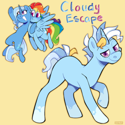 Size: 2048x2048 | Tagged: safe, artist:3ggmilky, derpibooru import, rainbow dash, trixie, oc, oc:cloudy escape, pegasus, pony, unicorn, female, lesbian, magical lesbian spawn, offspring, parent:rainbow dash, parent:trixie, parents:trixdash, shipping, simple background, trixdash, yellow background