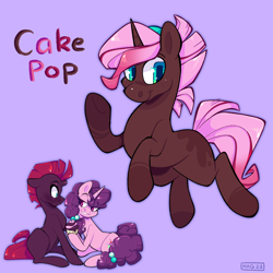 Size: 2048x2048 | Tagged: safe, artist:3ggmilky, derpibooru import, sugar belle, tempest shadow, oc, oc:cake pop, pony, unicorn, adult blank flank, female, lesbian, magical lesbian spawn, offspring, parent:sugar belle, parent:tempest shadow, parents:sugarshadow, purple background, shipping, simple background, sugarshadow