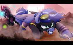 Size: 4000x2480 | Tagged: safe, artist:dormin-dim, derpibooru import, tempest shadow, oc, oc:lightning flare, pegasus, unicorn, clothes, costume, goggles, hoof blades, impending doom, shadowbolts costume, this will not end well