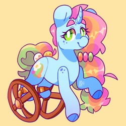 Size: 2500x2500 | Tagged: safe, artist:cocopudu, derpibooru import, oc, oc only, oc:sherbet, pony, unicorn, amputee, cloven hooves, female, freckles, mare, smiling, solo, wheel