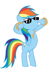 Size: 2121x2828 | Tagged: safe, artist:lcpsycho, derpibooru import, rainbow dash, pegasus, pony, bipedal, bling, female, high res, lip bite, mare, simple background, solo, sunglasses, transparent background, vector