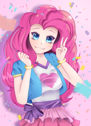Size: 3208x4440 | Tagged: safe, artist:syvori, derpibooru import, pinkie pie, equestria girls, bracelet, clothes, confetti, female, heart, jewelry, looking at you, peace sign, skirt, solo