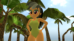 Size: 1920x1080 | Tagged: safe, artist:mr.uberrebu25, derpibooru import, daring do, equestria girls, 3d, beach, beach babe, breasts, busty daring do, clothes, green swimsuit, hand on hip, looking at you, one-piece swimsuit, palm tree, solo, swimsuit, tree