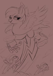 Size: 858x1224 | Tagged: safe, artist:poxy_boxy, derpibooru import, rainbow dash, scootaloo, tank, pegasus, pony, tortoise, eyes closed, female, filly, flying, foal, mare, monochrome, sketch, smiling, smirk, wip, wonderbolts