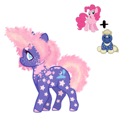 Size: 1000x958 | Tagged: safe, artist:adopdee, artist:vernorexia, derpibooru import, pinkie pie, earth pony, pony, afro, base used, blue eyes, body markings, chibi, chubby, coat markings, colored hooves, curly hair, eyebrows, facial markings, female, freckles, fusion, fusion diagram, pink mane, request, short tail, simple background, solo, spots, stars, tail, transparent background, webkinz, webkinz starry stallion