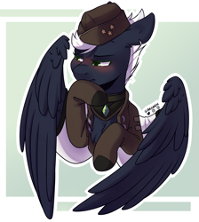 Size: 1795x2002 | Tagged: safe, artist:ak4neh, derpibooru import, oc, oc:avery, pegasus, blushing, clothes, hat, military pony, military uniform, oc name needed, spread wings, torn ear, uniform, wings