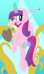 Size: 1920x3250 | Tagged: safe, artist:notadeliciouspotato, derpibooru import, princess cadance, alicorn, pony, canterlot wedding 10th anniversary, abstract background, chocolate, female, food, magic, mare, open mouth, solo, talking to viewer, telekinesis