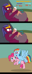 Size: 2360x5477 | Tagged: safe, artist:rupertbluefox, derpibooru import, pinkie pie, rainbow dash, somnambula, sphinx (character), earth pony, pegasus, pony, sphinx, series:miles&nilesofcat&fat, 3 panel comic, belly, belly bed, big belly, blushing, butt, comic, cute, desert, duo, duo female, egyptian, egyptian headdress, egyptian pony, eyeshadow, fat, fat fetish, female, fetish, flying, grin, holding a pony, hug, huge belly, impossibly large belly, incentive drive, lidded eyes, lying down, makeup, mare, missing accessory, obese, plot, prone, puffy cheeks, pyramid, shocked, shocked expression, smiling, somnambetes, sphinxdorable, teeth, this ended in weight gain, weight gain, weight gain sequence