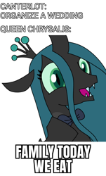 Size: 1200x1982 | Tagged: safe, artist:alejandrogmj, derpibooru import, queen chrysalis, changeling, changeling queen, canterlot wedding 10th anniversary, bowtie, cute, cutealis, female, happy, meme, simple background, white background