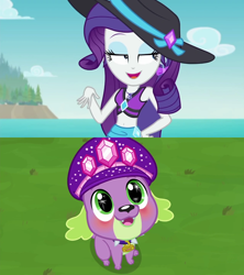 Size: 1280x1440 | Tagged: safe, derpibooru import, edit, edited screencap, screencap, rarity, spike, spike the regular dog, dog, better together, equestria girls, lost and found, lost and pound, lost and pound: spike, beach, bikini, blushing, clothes, ear piercing, earring, female, geode of shielding, grass, hat, interspecies, jewelry, magical geodes, male, piercing, sarong, shipping, shipping domino, sparity, starry eyes, straight, swimsuit, wingding eyes