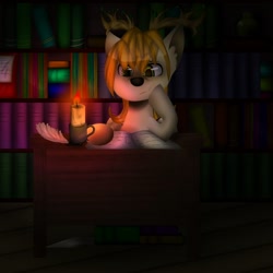 Size: 1000x1000 | Tagged: safe, derpibooru import, oc, oc only, oc:king mirael, deer, book, bookshelf, boring, candle, feather, fire, library, light, night, reading, solo, table