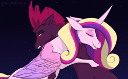 Size: 1400x860 | Tagged: safe, artist:stoopedhooy, derpibooru exclusive, derpibooru import, princess cadance, tempest shadow, alicorn, pony, unicorn, canterlot wedding 10th anniversary, blushing, cute, duo, duo female, female, hug, night, standing, wholesome