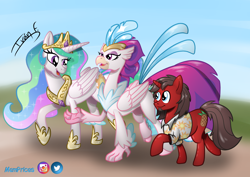 Size: 3508x2481 | Tagged: safe, artist:memprices, derpibooru import, princess celestia, queen novo, oc, oc:ironyoshi, alicorn, hippogriff, pony, unicorn, my little pony: the movie, commission, crown, high res, horn, jewelry, looking at each other, looking at someone, open mouth, open smile, pony oc, regalia, shading, smiling, stroll, talking, unicorn oc, walking