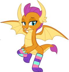 Size: 2550x2666 | Tagged: safe, derpibooru exclusive, derpibooru import, smolder, dragon, clothes, dragoness, female, horns, show accurate, simple background, socks, solo, stockings, striped socks, thigh highs, transparent background, wings