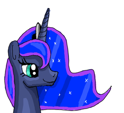 Size: 530x483 | Tagged: safe, artist:platinumdrop, derpibooru import, princess luna, alicorn, bust, ethereal mane, female, flockmod, mare, simple background, smiling, solo, starry mane, white background