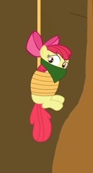 Size: 720x1338 | Tagged: artist needed, safe, derpibooru import, apple bloom, earth pony, pony, bondage, bound and gagged, cloth gag, damsel in distress, danger, distressed, gag, hanging, help, help me, helpless, looking at someone, looking at something, looking back, over the nose gag, rope, rope bondage, ropes, sad, scared, tied up, woobie, worried