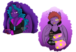 Size: 2500x1700 | Tagged: safe, artist:darkdreamingblossom, derpibooru import, oc, oc only, oc:dark dreaming blossom, oc:flutternight, alicorn, anthro, pegasus, alicorn oc, anthro oc, clothes, duo, female, horn, morning ponies, one eye closed, partial background, pegasus oc, pillow, simple background, tanktop, transparent background, wings, yawn