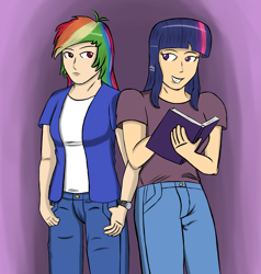 Size: 1999x2102 | Tagged: safe, artist:aflurryofdragons, derpibooru import, rainbow dash, twilight sparkle, human, book, clothes, duo, female, humanized