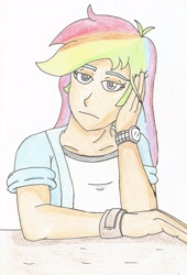 Size: 2346x3454 | Tagged: safe, artist:aflurryofdragons, derpibooru import, rainbow dash, human, bored, female, humanized, solo, traditional art