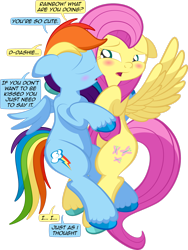 Size: 1920x2547 | Tagged: safe, alternate version, artist:alexdti, derpibooru import, fluttershy, rainbow dash, pegasus, pony, alternate character, blushing, dialogue, duo, duo female, ears, eyes closed, female, floppy ears, flutterdash, high res, hooves, kissing, lesbian, mare, narrowed eyes, open mouth, partially open wings, shading, shipping, simple background, speech bubble, spread wings, tail, transparent background, unshorn fetlocks, wings
