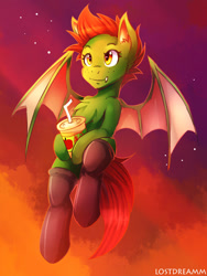 Size: 900x1200 | Tagged: safe, alternate version, artist:lostdreamm, derpibooru import, oc, oc only, bat pony, bat pony oc, chest fluff, clothes, drink, female, socks, solo, spread wings, wings