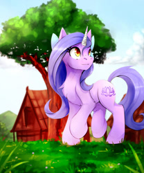 Size: 1000x1200 | Tagged: safe, artist:lostdreamm, derpibooru import, oc, oc only, pony, unicorn, chest fluff, female, grass, horn, not izzy moonbow, solo, tree, unicorn oc