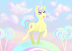 Size: 3508x2480 | Tagged: safe, artist:snailbert-arts, derpibooru import, oc, oc only, oc:cream soda, unicorn, candy, female, food, horn, lollipop, solo, unicorn oc