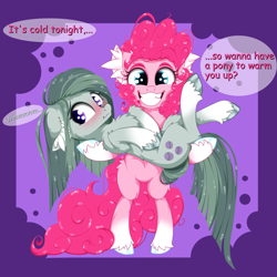 Size: 2500x2500 | Tagged: safe, artist:rurihal, derpibooru import, marble pie, pinkie pie, earth pony, pony, blushing, chest fluff, coat markings, duo, ear fluff, ears, female, fraternal twins, gritted teeth, holding a pony, leg fluff, looking at you, mare, pie sisters, pie twins, siblings, sisters, smiling, smiling at you, socks (coat marking), teeth, twin sisters, twins