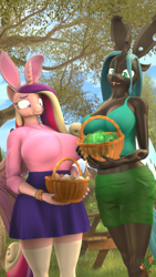 Size: 2160x3840 | Tagged: safe, artist:donglysfm, derpibooru import, princess cadance, queen chrysalis, alicorn, anthro, changeling, changeling queen, plantigrade anthro, art pack:eggy easter 2022, 3d, :p, basket, big breasts, breasts, bunny ears, changeling egg, chubby, clothes, concerned, easter, easter basket, easter egg, egg, female, high res, holiday, huge breasts, implied oviposition, outdoors, princess cansdance, queen chrysaltits, revamped anthros, skirt, socks, source filmmaker, stockings, thigh highs, tongue, tongue out