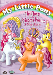 Size: 2500x3510 | Tagged: safe, derpibooru import, princess starburst, earth pony, pegasus, pony, g1, crown, dvd cover, jewelry, my little pony logo, official, regalia, text, throne, wand, wrong color