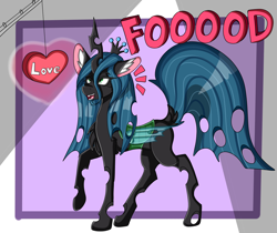 Size: 2000x1679 | Tagged: safe, artist:cuddlelamb, derpibooru import, queen chrysalis, changeling, changeling queen, canterlot wedding 10th anniversary, bait, emanata, female, food, heart, love, open mouth, open smile, smiling, solo