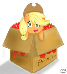 Size: 900x1000 | Tagged: safe, artist:freefraq, derpibooru import, applejack, earth pony, pony, apple, box, female, food, open mouth, open smile, pony in a box, simple background, smiling, solo, that pony sure does love apples, transparent background