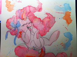 Size: 1280x956 | Tagged: safe, artist:kluzart, derpibooru import, pinkie pie, pony, solo, traditional art, watercolor painting