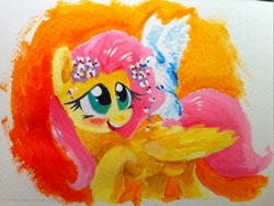 Size: 1183x890 | Tagged: safe, artist:kluzart, derpibooru import, fluttershy, bird, dove, pony, solo, traditional art, watercolor painting