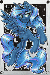 Size: 1793x2692 | Tagged: safe, artist:dandy, derpibooru import, princess luna, alicorn, pony, ear fluff, ears, ethereal mane, eyeshadow, female, flying, horn, jewelry, looking at you, makeup, mare, regalia, smiling, solo, starry mane, traditional art, white outline, wings