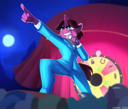 Size: 3642x3117 | Tagged: safe, artist:lummh, derpibooru import, oc, oc only, anthro, unicorn, clothes, crowd, game show, male, microphone, night, solo, spinner, stage, suit
