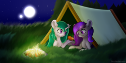 Size: 4096x2048 | Tagged: safe, artist:darbedarmoc, derpibooru import, oc, oc only, bat pony, campfire, camping, fangs, fire, food, forest, grass, horn, mango, moon, stars, tent, two toned mane