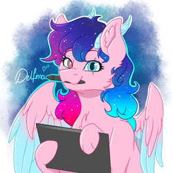 Size: 1280x1280 | Tagged: safe, artist:delfinaluther, derpibooru import, oc, changeling, pegasus, pony, changeling oc, horns, multicolored hair, rainbow hair, wings