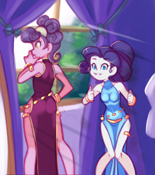 Size: 1152x1304 | Tagged: safe, artist:drantyno, derpibooru import, rarity, suri polomare, equestria girls, adorasexy, beautisexy, breasts, butt, cheongsam, clothes, cute, dress, female, lesbian, raritits, sexy, shipping, suri booty, surity, thumbs up