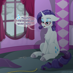 Size: 1200x1200 | Tagged: safe, artist:willoillo, derpibooru import, rarity, pony, unicorn, chest fluff, depressed, ears, floppy ears, glasses, lidded eyes, rain, rarity's glasses, solo, window