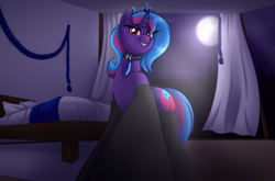 Size: 5315x3513 | Tagged: safe, artist:pearlyiridescence, derpibooru import, oc, oc only, unicorn, bed, bedroom, clothes, collar, crown, crystal, female, grin, jewelry, looking at you, looking down, looking down at you, low angle, macro, moon, night, offscreen character, pov, regalia, smiling, socks, solo, thigh highs