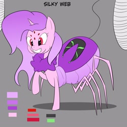 Size: 3000x3000 | Tagged: safe, artist:bestponies, derpibooru import, oc, oc only, oc:silky web, monster pony, original species, spider, spiderpony, cocoon, fangs, female, grin, horn, multiple eyes, reference sheet, smiling, spider web